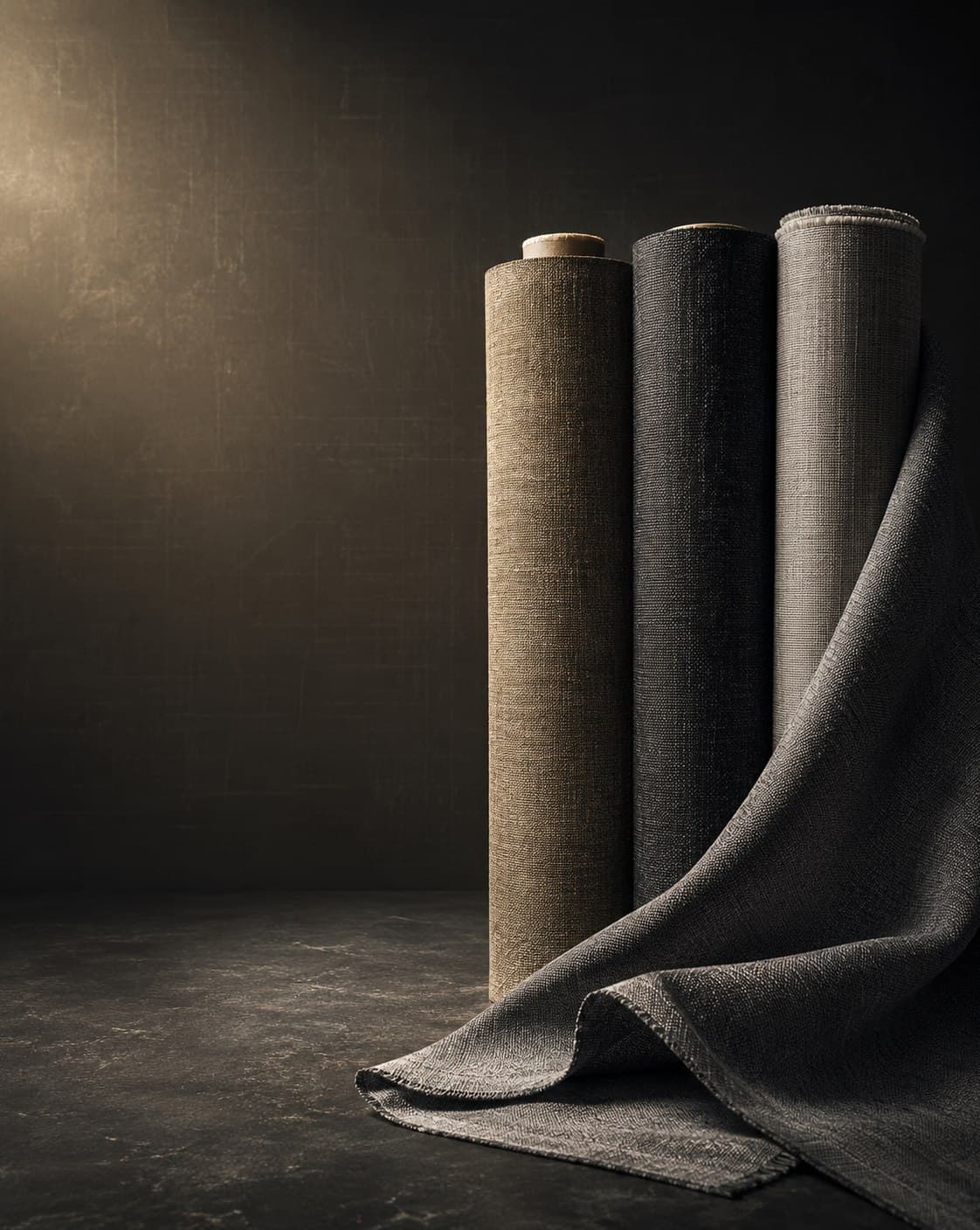 Rolls of woven fabric in charcoal, tan and grey — qualities sourced by Burhan Enterprises